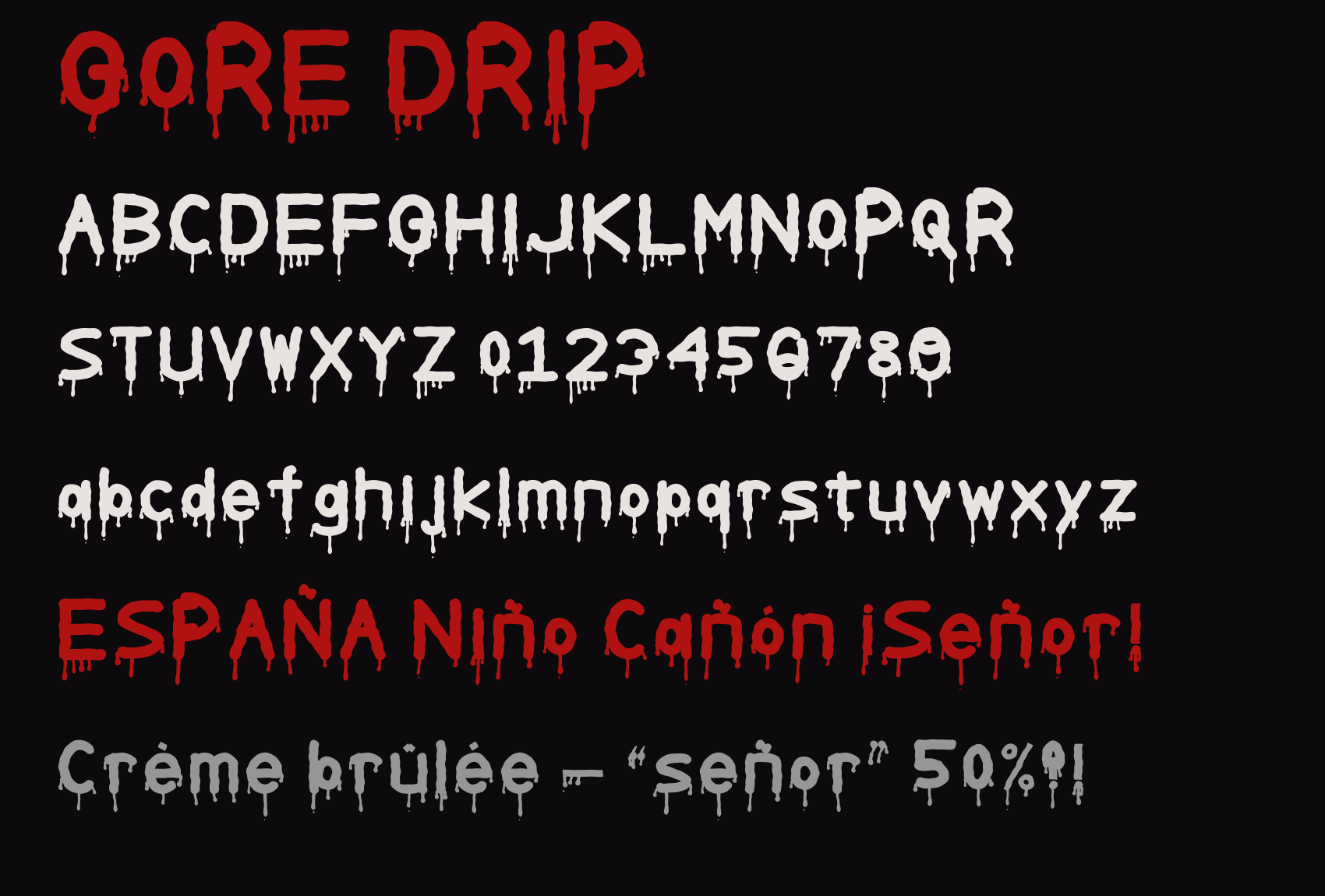GoreDrip: Dripping Blood Display Font specimen showing the full character set