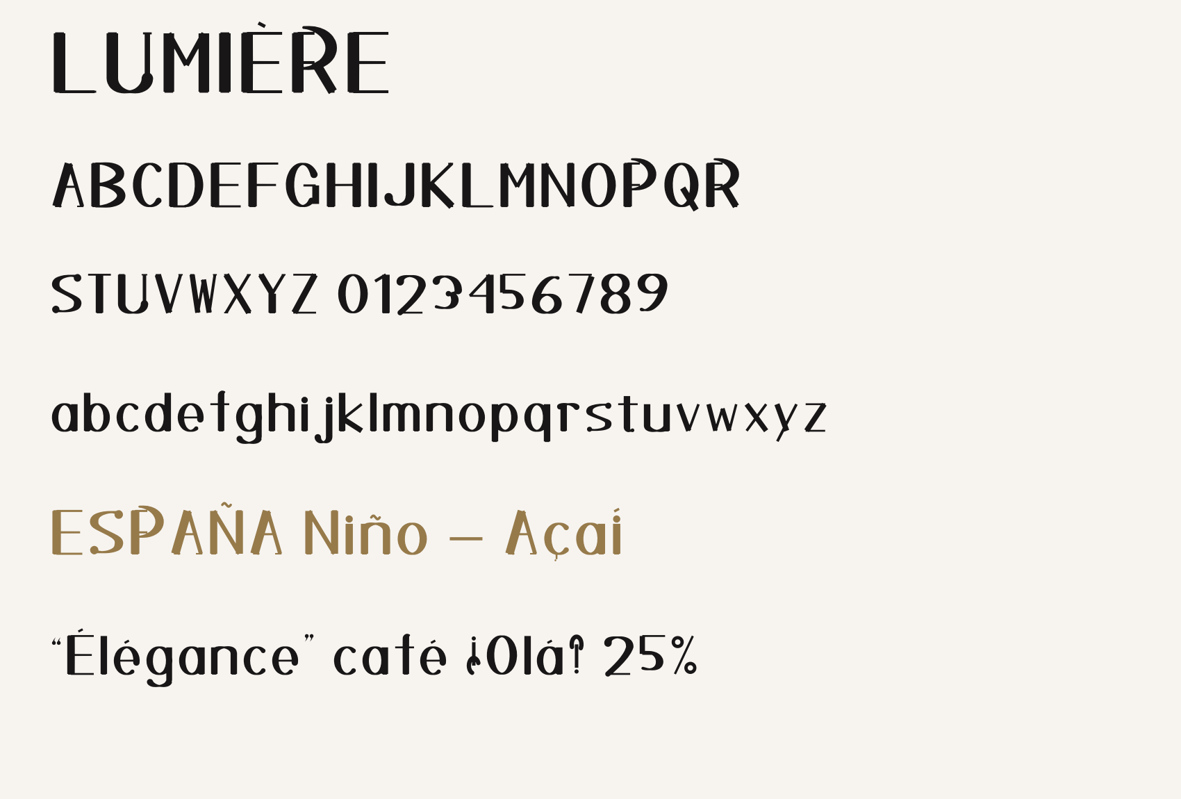 Lumière Display: High-Contrast Fashion Serif specimen showing the full character set